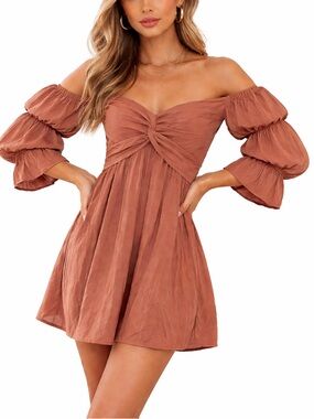 Mustard Seed Rust Brown Off-Shoulder Tiered Sleeve Mini Dress